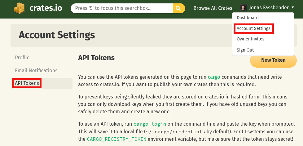 crates.io: navigate to API tokens