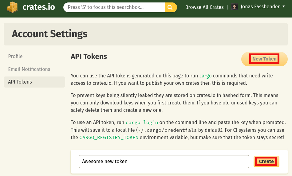 crates.io: create new API token